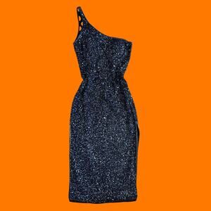 90's 00's vintage sequins beaded 100% silk one shoulder y2k prom formal dress L